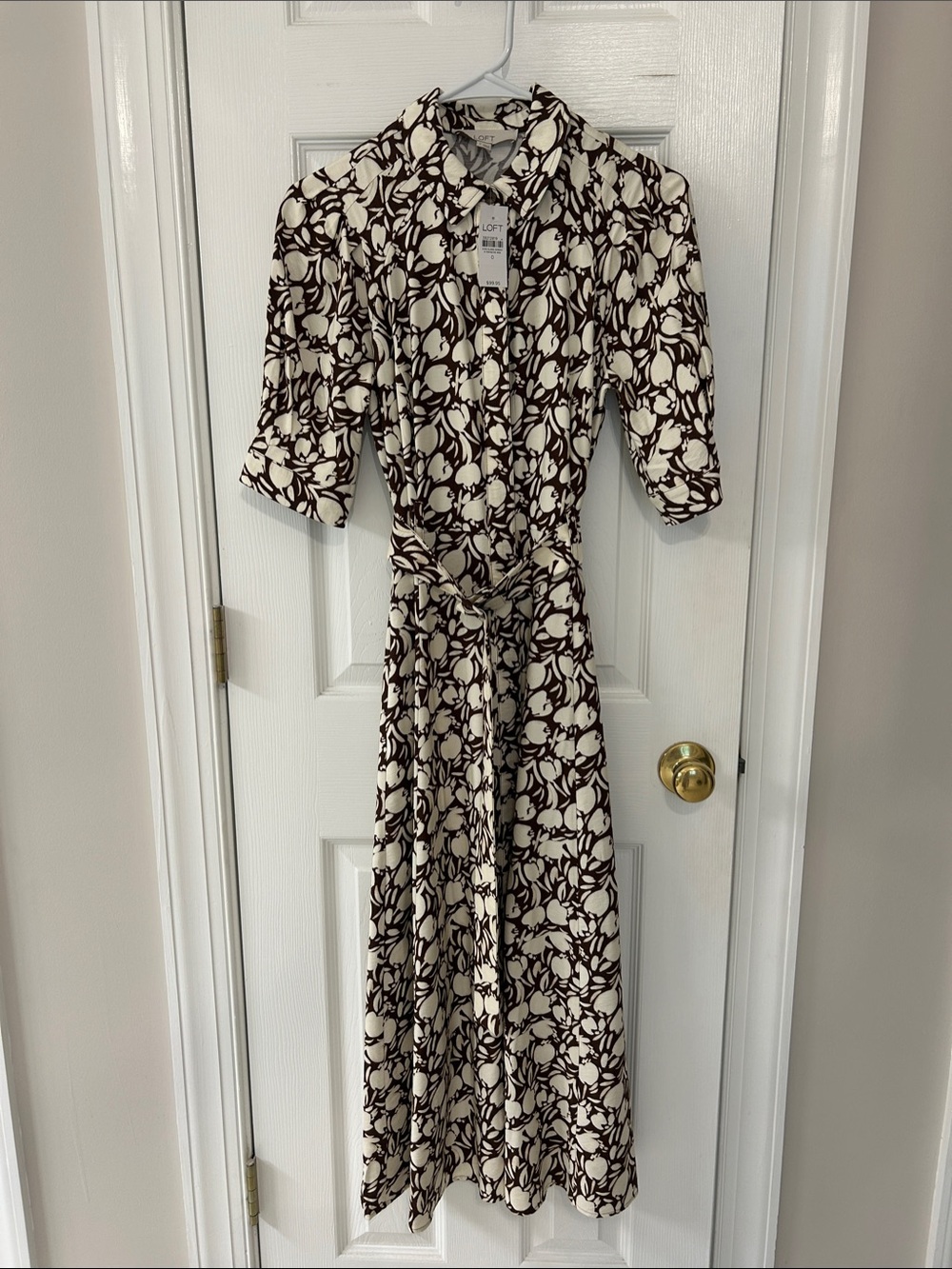 LOFT Cream and Brown Floral Shirt Midi Dress